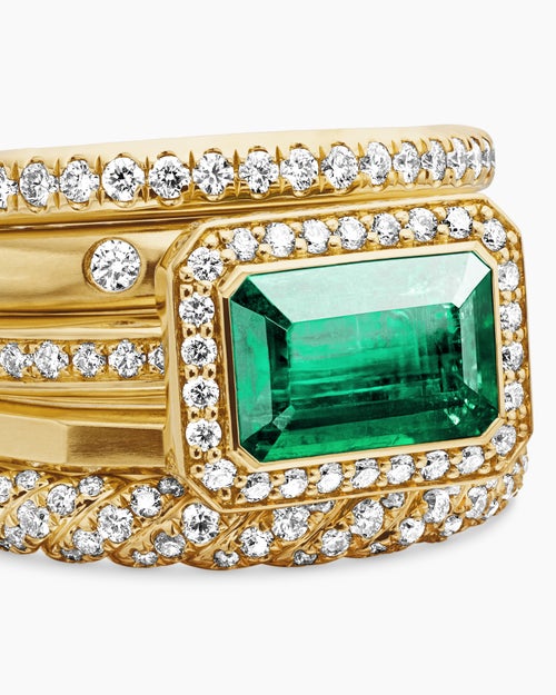 Womens Stax Five Row Ring in 18K Yellow Gold with Emerald and Diamonds, 13.8mm