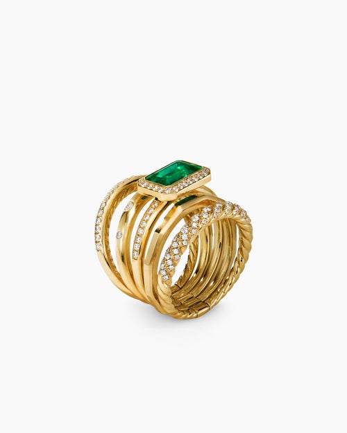 Womens Stax Five Row Ring in 18K Yellow Gold with Emerald and Diamonds, 13.8mm