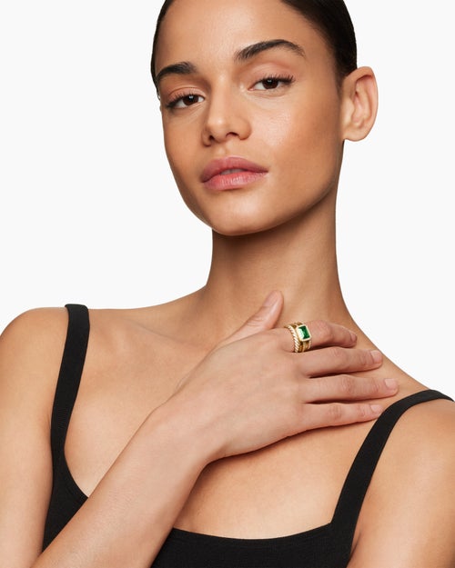 Womens Stax Five Row Ring in 18K Yellow Gold with Emerald and Diamonds, 13.8mm