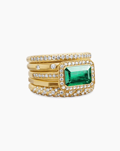 Womens Stax Five Row Ring in 18ct Yellow Gold with Emerald and Diamonds, 13.8mm
