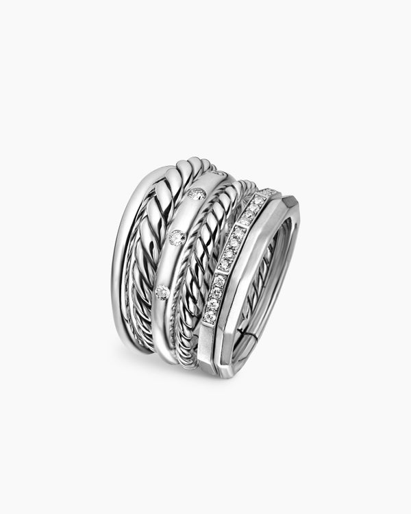Stax Six Row Ring in Sterling Silver with Diamonds, 16mm