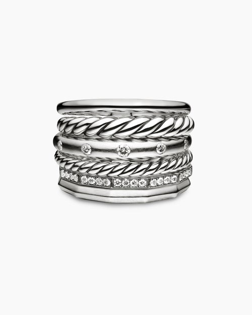Womens Stax Six Row Ring in Sterling Silver with Diamonds, 16mm