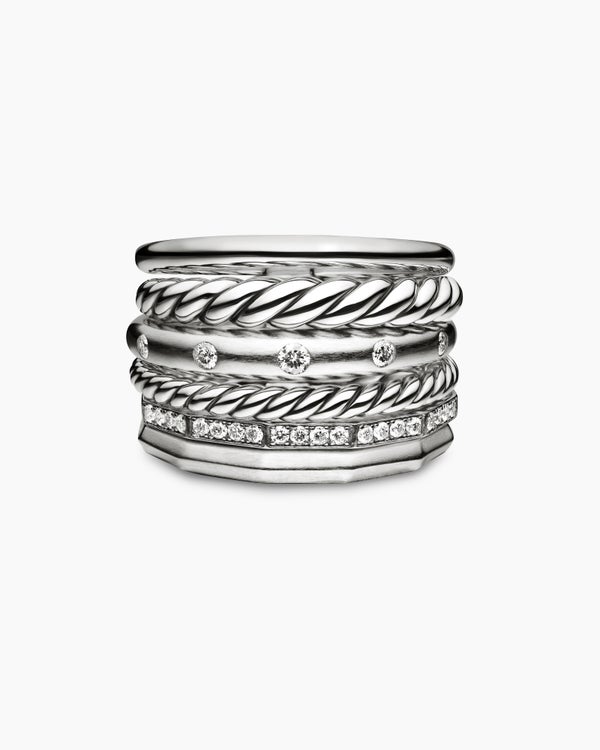 Stax Six Row Ring in Sterling Silver with Diamonds, 16mm
