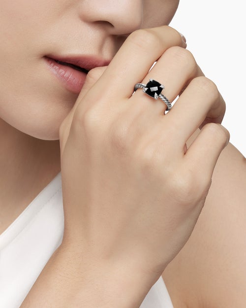 Womens Chatelaine® Ring in Sterling Silver with Black Onyx and Diamonds, 8mm