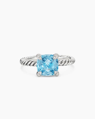 Chatelaine® Ring in Sterling Silver with Blue Topaz and Diamonds, 8mm