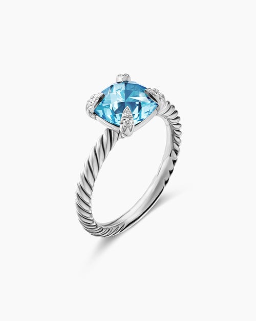 Womens Chatelaine® Ring in Sterling Silver with Blue Topaz and Diamonds, 8mm