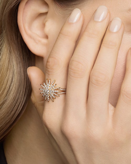 Womens Starburst Ring in 18K Yellow Gold with Diamonds, 20mm