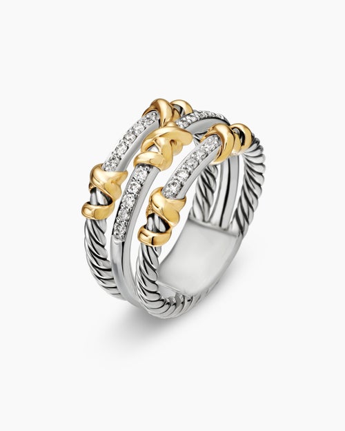 Womens Petite Helena Wrap Three Row Ring in Sterling Silver with 18ct Yellow Gold and Diamonds, 12mm