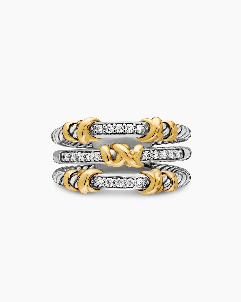 Womens Petite Helena Wrap Three Row Ring in Sterling Silver with 18ct Yellow Gold and Diamonds, 12mm