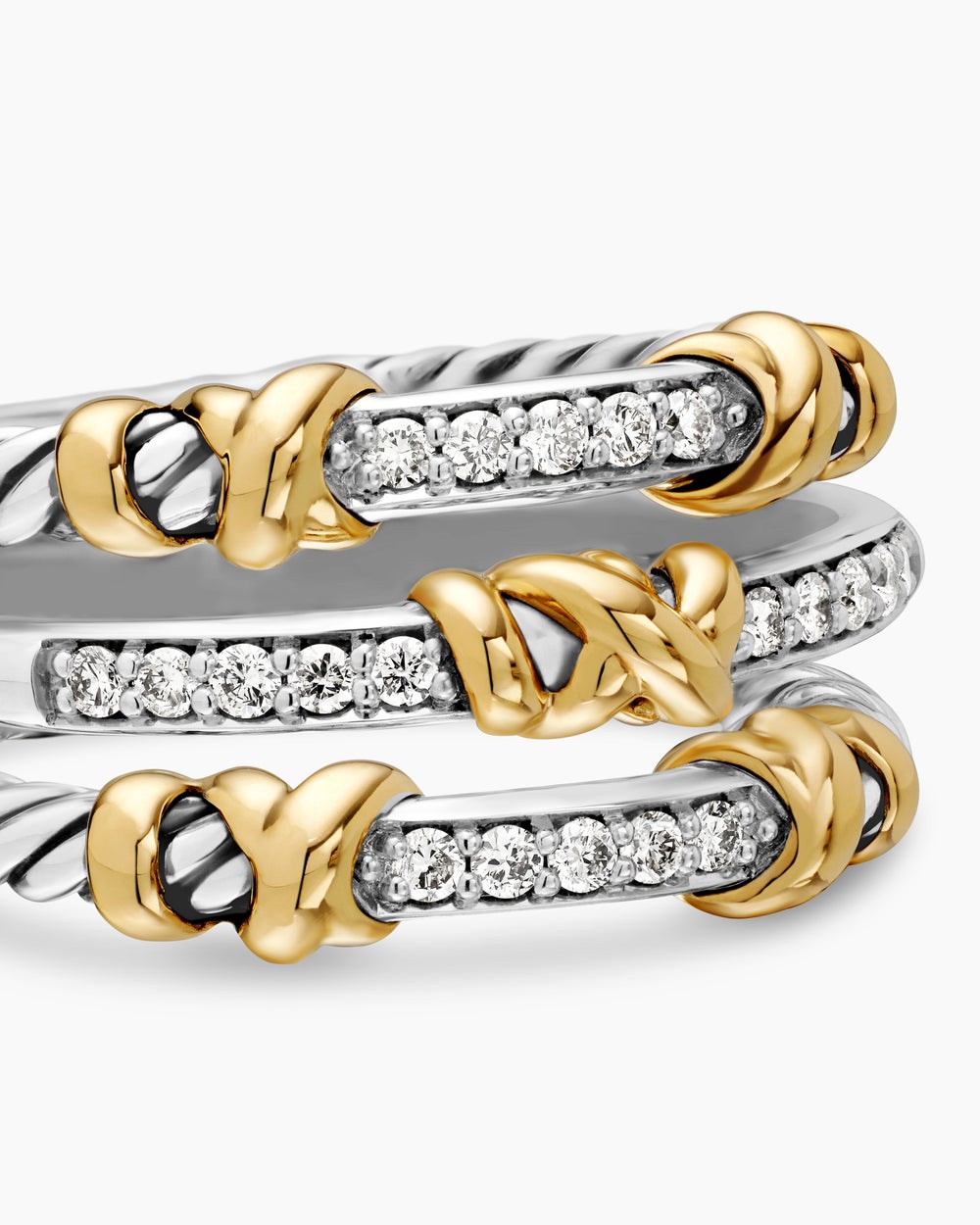 Womens Petite Helena Wrap Three Row Ring in Sterling Silver with 18ct Yellow Gold and Diamonds, 12mm