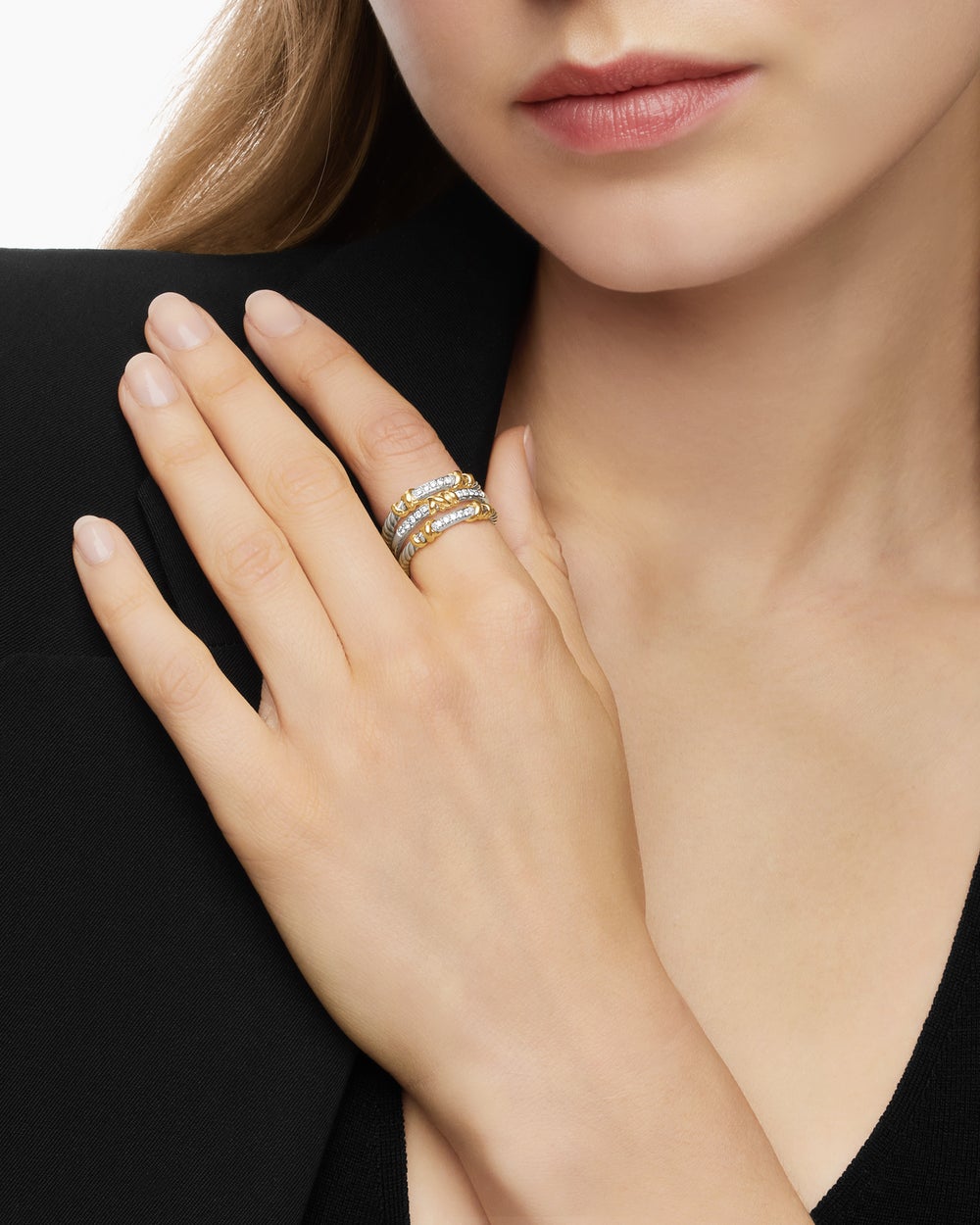 Womens Petite Helena Wrap Three Row Ring in Sterling Silver with 18ct Yellow Gold and Diamonds, 12mm