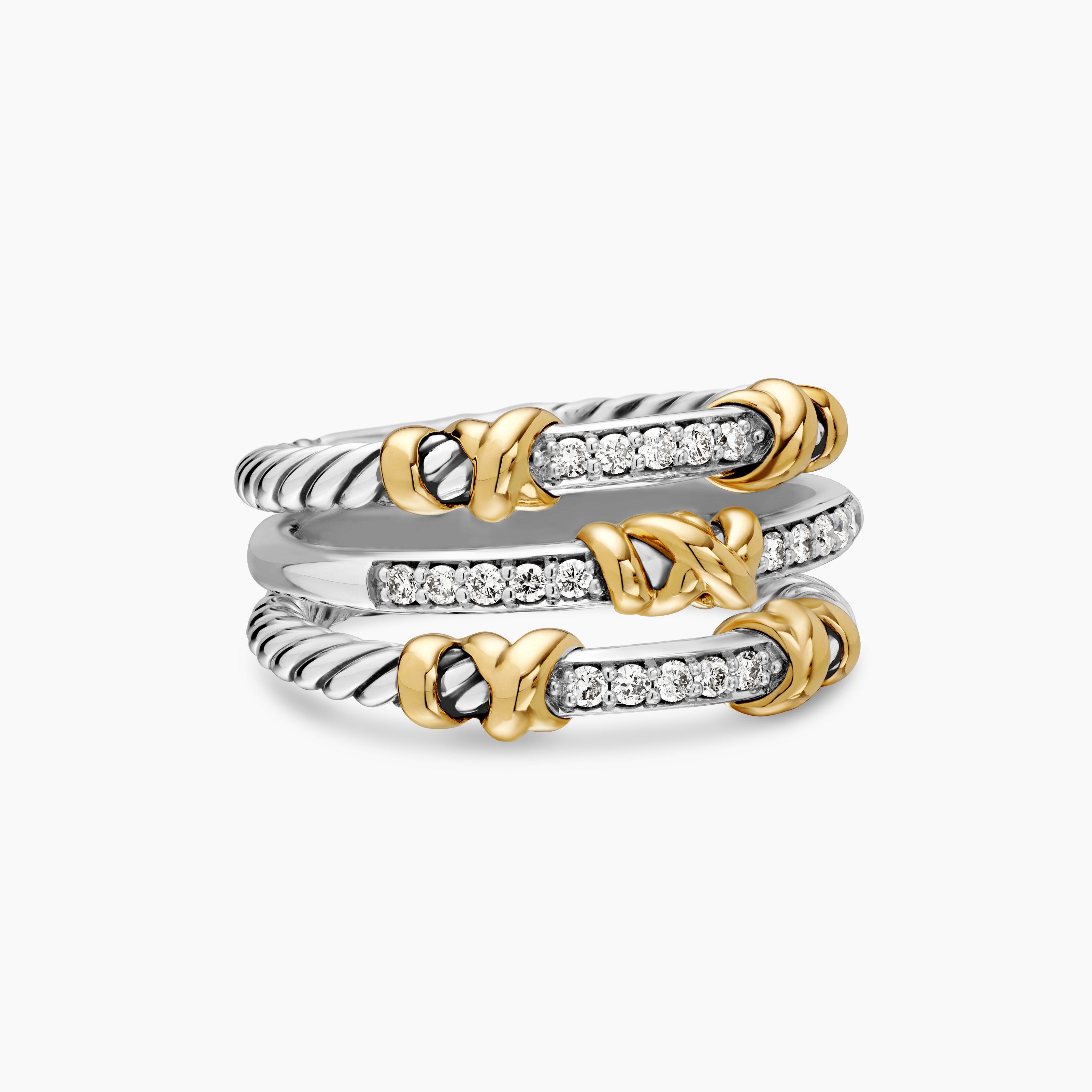 Womens Petite Helena Wrap Three Row Ring in Sterling Silver with 18K Yellow Gold and Diamonds, 12mm