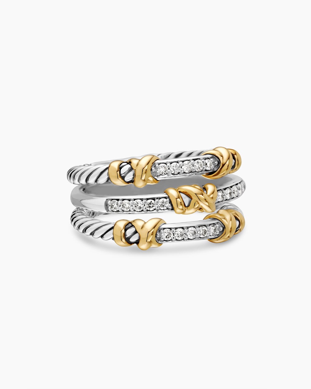 Womens Petite Helena Wrap Three Row Ring in Sterling Silver with 18ct Yellow Gold and Diamonds, 12mm