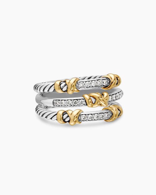 Womens Petite Helena Wrap Three Row Ring in Sterling Silver with 18ct Yellow Gold and Diamonds, 12mm