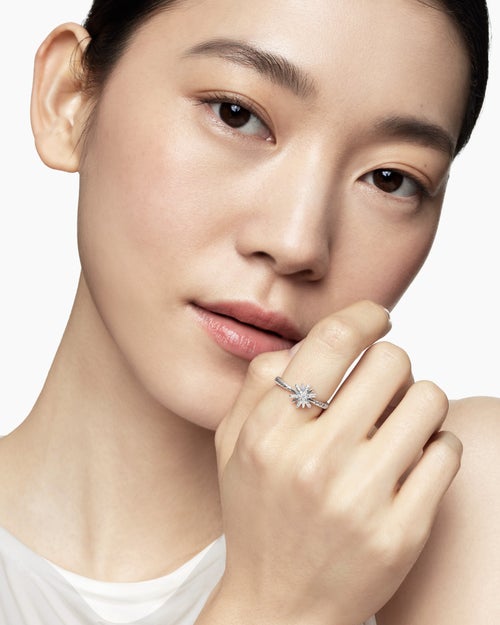 Womens Petite Starburst Ring in Sterling Silver with Diamonds, 10mm