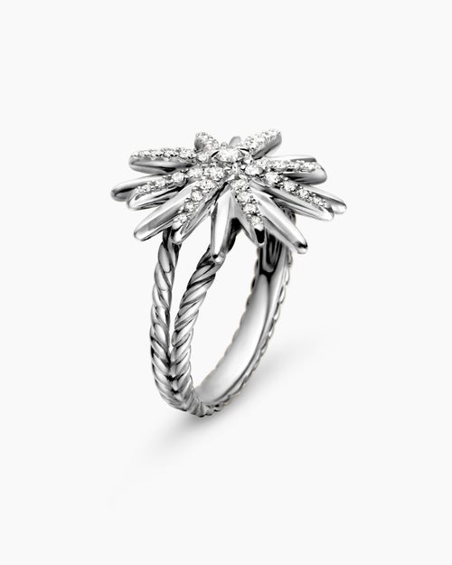 Womens Starburst Ring in Sterling Silver with Diamonds, 19mm