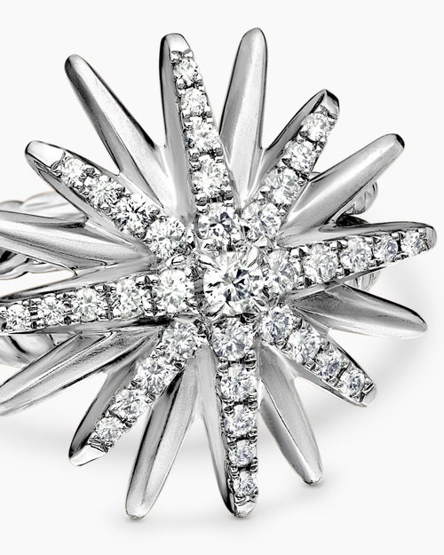 Womens Starburst Ring in Sterling Silver with Diamonds, 19mm