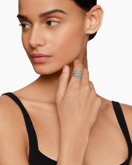 Womens Starburst Ring in Sterling Silver with Diamonds, 19mm