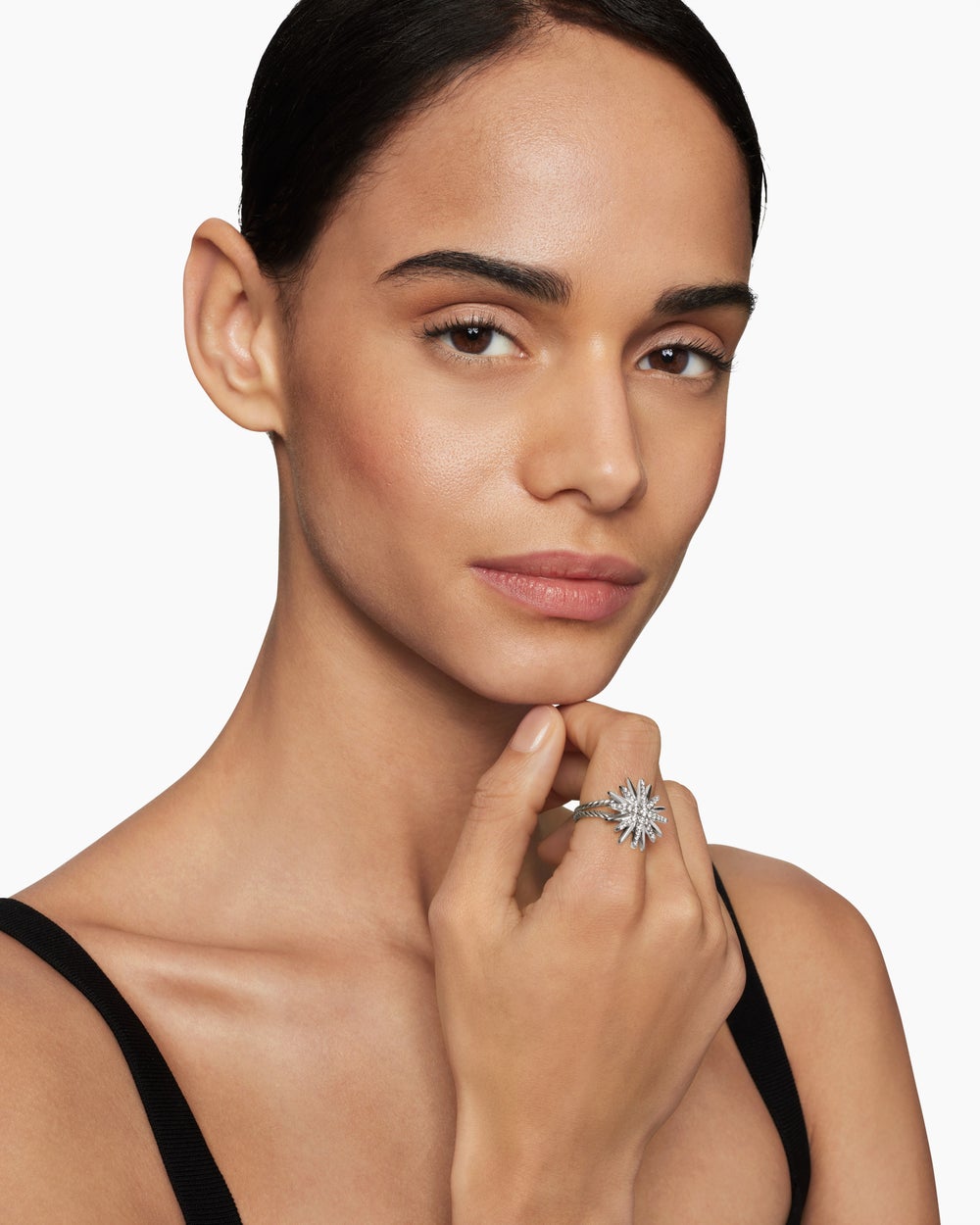 Womens Starburst Ring in Sterling Silver with Diamonds, 19mm
