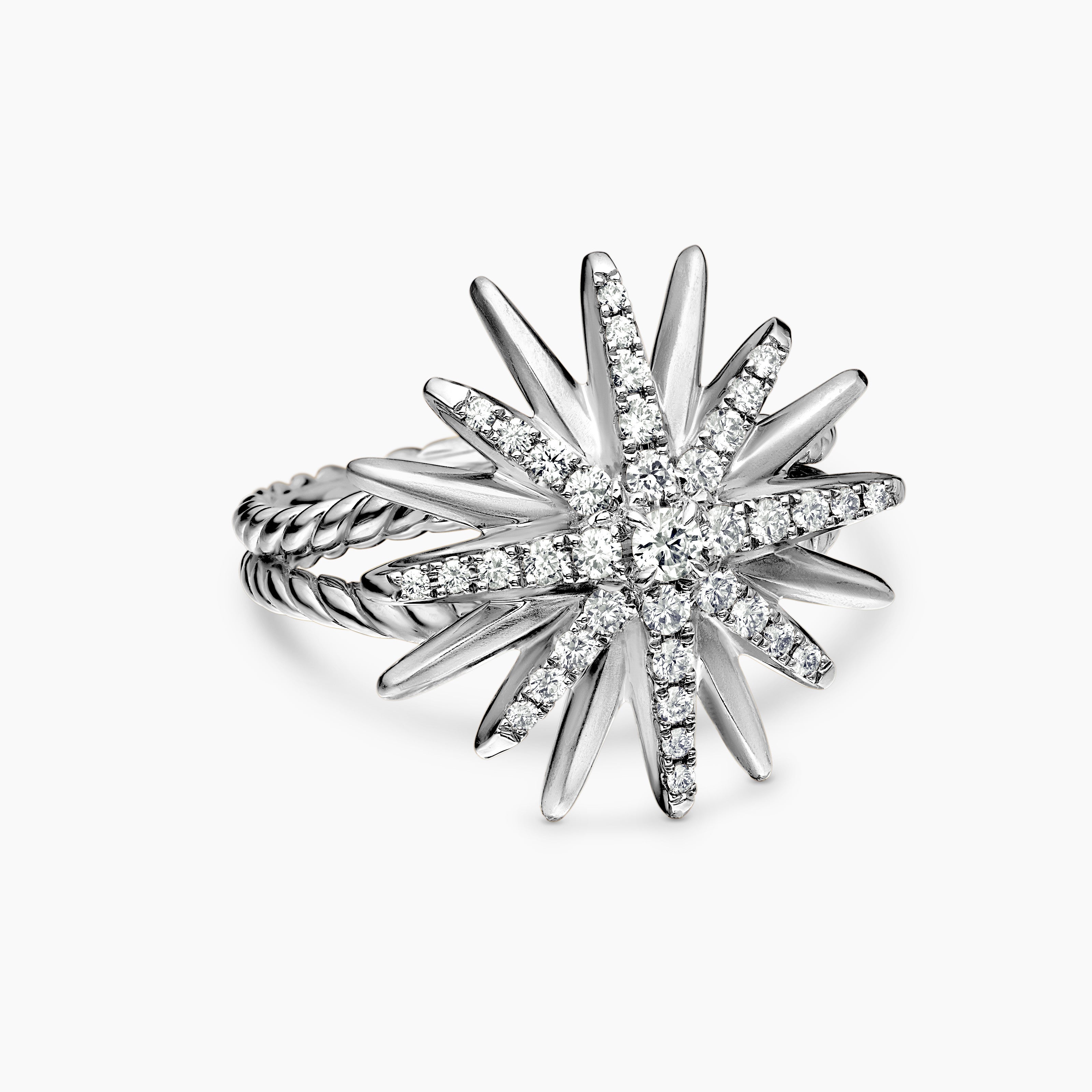 Womens Starburst Ring in Sterling Silver with Diamonds, 19mm