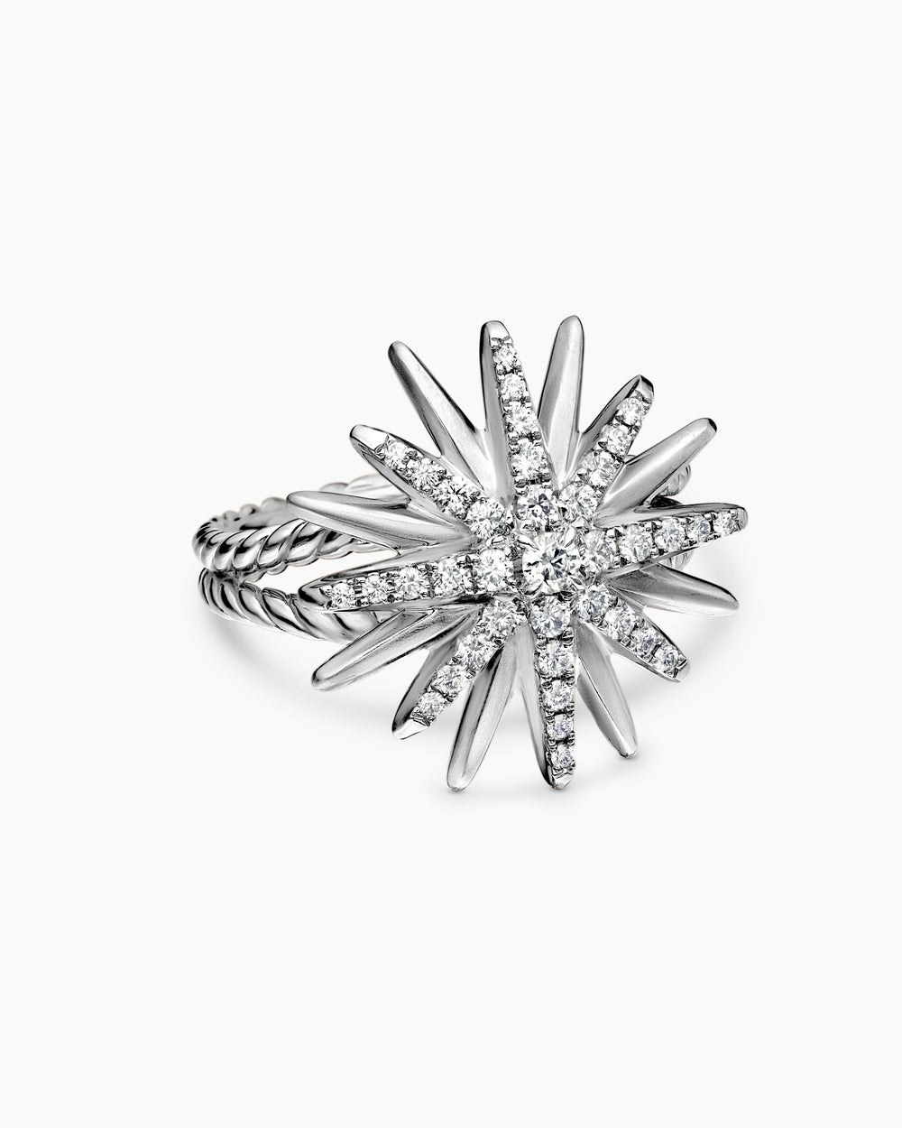 Womens Starburst Ring in Sterling Silver with Diamonds, 19mm