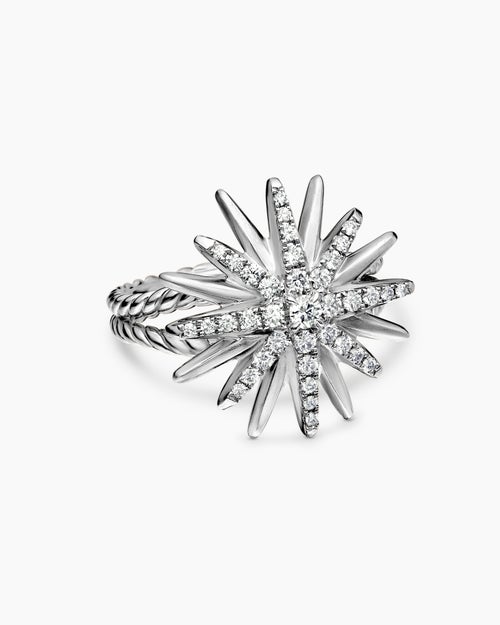 Womens Starburst Ring in Sterling Silver with Diamonds, 19mm