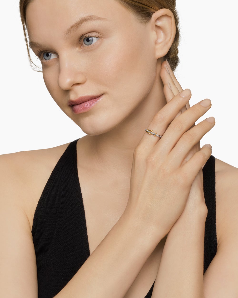 Womens Petite Buckle Ring in Sterling Silver with 18ct Yellow Gold, 2mm