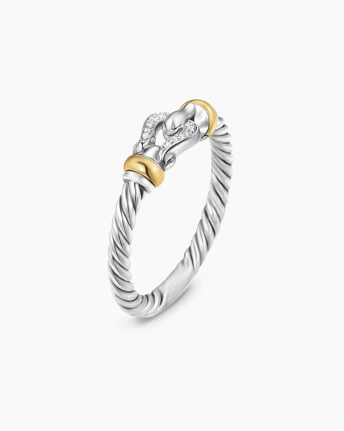 Womens Petite Buckle Ring in Sterling Silver with 18K Yellow Gold and Diamonds, 2mm