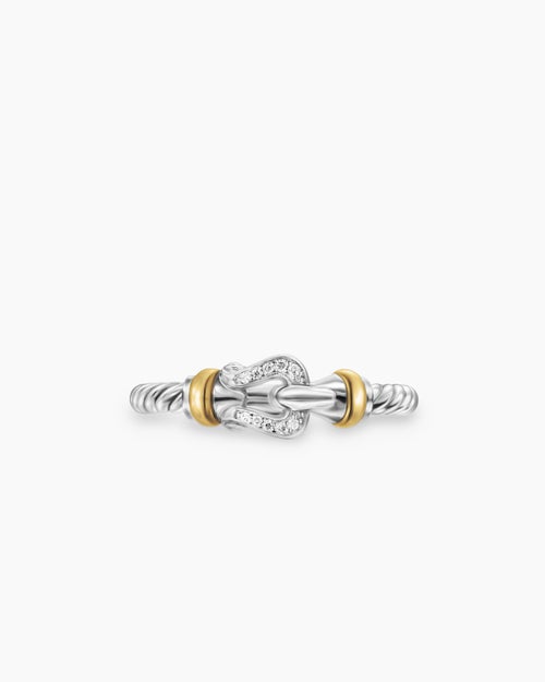 Womens Petite Buckle Ring in Sterling Silver with 18ct Yellow Gold and Diamonds, 2mm