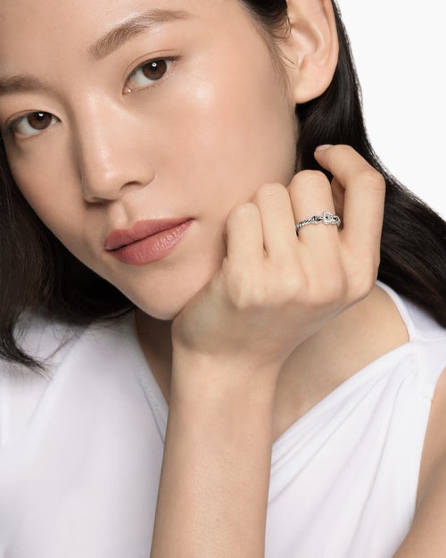 Womens Petite Buckle Ring in Sterling Silver with Diamonds, 2mm