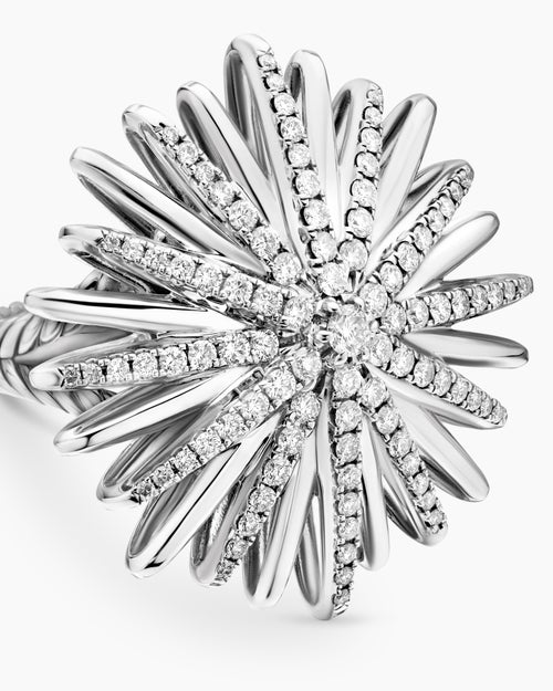 Womens Starburst Ring in Sterling Silver with Diamonds, 28mm