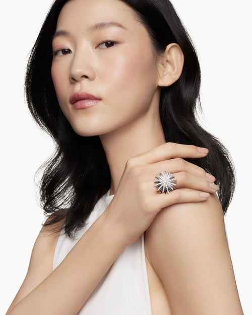 Womens Starburst Ring in Sterling Silver with Diamonds, 28mm