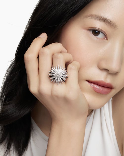 Womens Starburst Ring in Sterling Silver with Diamonds, 28mm