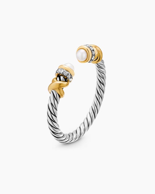 Womens Petite Helena Ring in Sterling Silver with 18K Yellow Gold, Pearls and Diamonds, 2.5mm