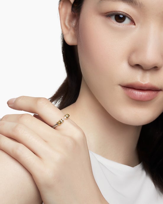 Petite Helena Ring in Sterling Silver with 18K Yellow Gold, Pearls and Diamonds, 2.5mm