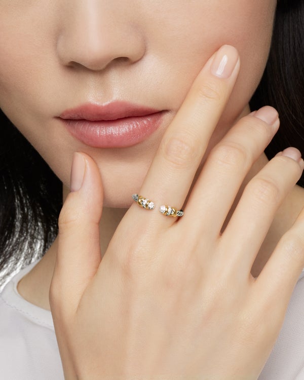 Bague ouverte Helena de petite taille en argent sterling avec or jaune 18 carats et pavé, 2,5 mm