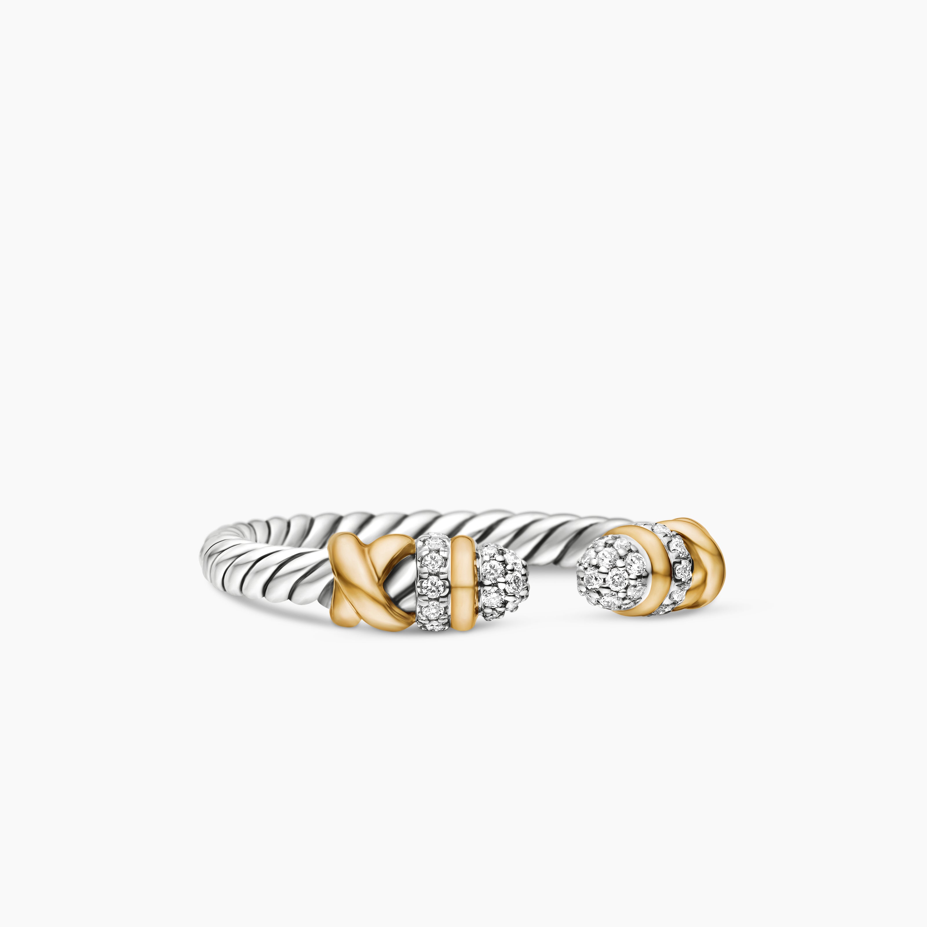 Womens Petite Helena Open Ring in Sterling Silver with 18K Yellow Gold and Pav&eacute;, 2.5mm