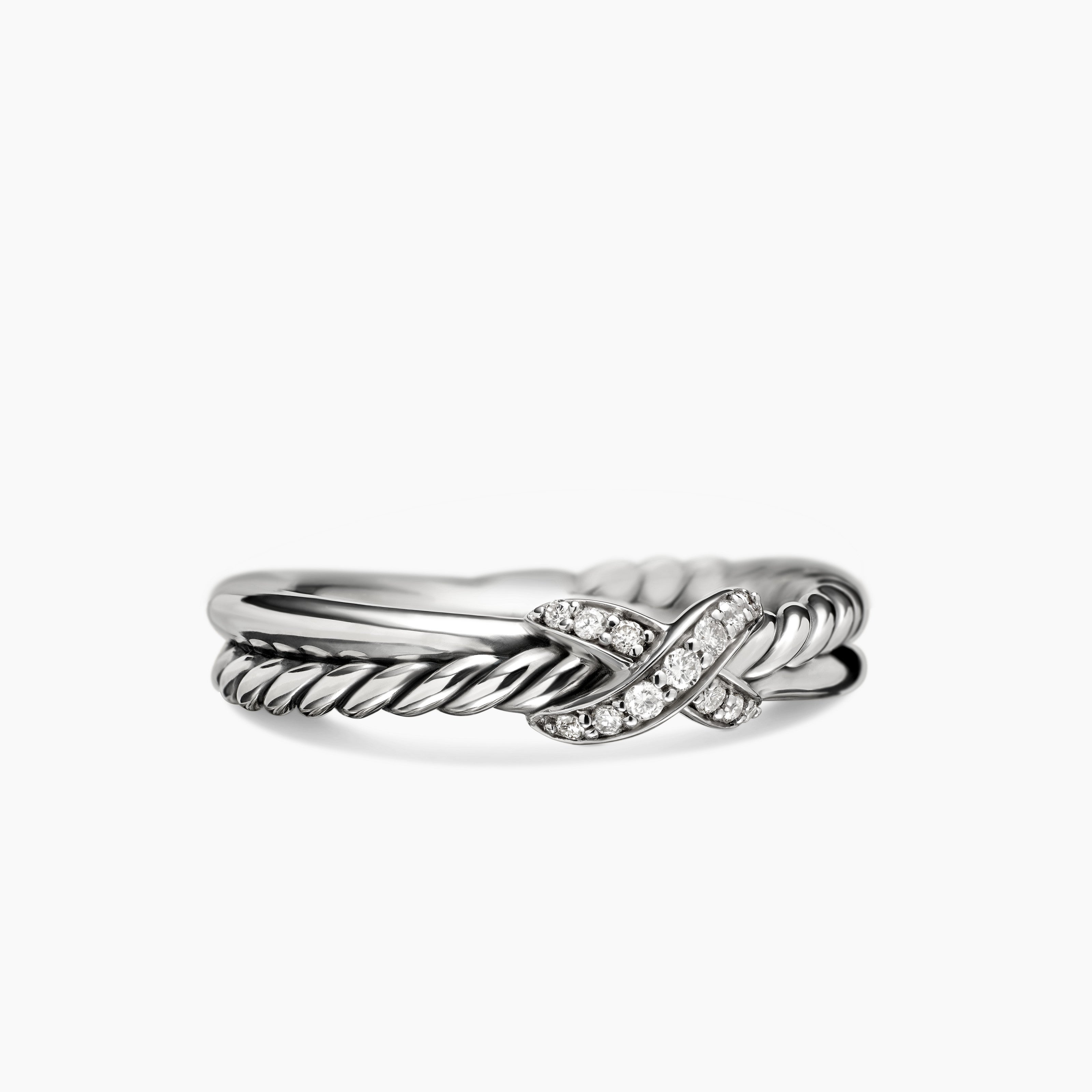 Womens Petite X Ring in Sterling Silver with Diamonds, 4mm