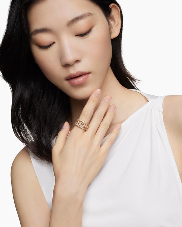 Stax Three Row Ring in 18K Yellow Gold with Diamonds, 14mm
