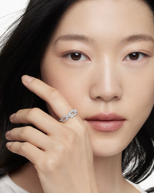 Womens Stax Chain Link Ring in 18K White Gold with Diamonds, 7mm