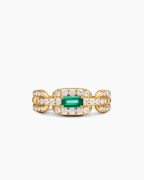 Womens Stax Chain Link Stone Ring in 18K Yellow Gold with Diamonds and Emerald, 7mm