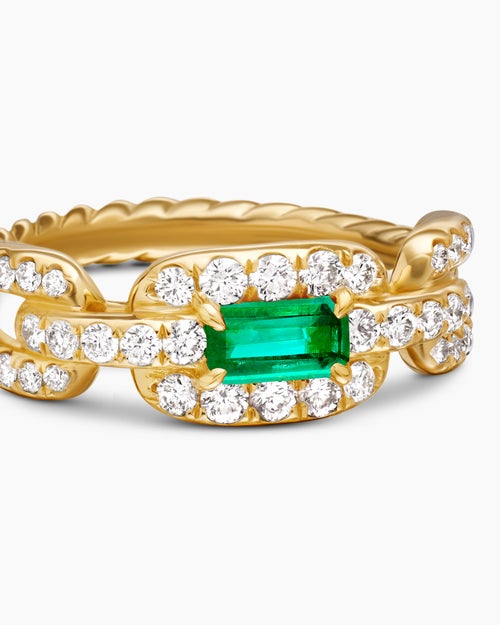 Womens Stax Chain Link Stone Ring in 18K Yellow Gold with Diamonds and Emerald, 7mm