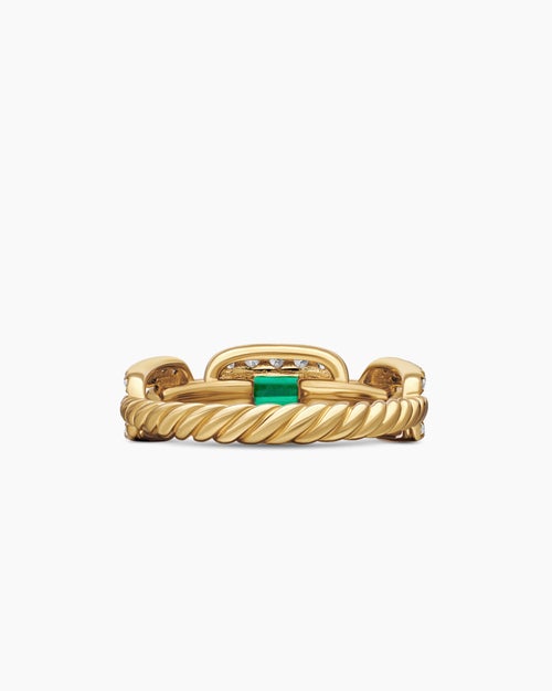 Womens Stax Chain Link Stone Ring in 18K Yellow Gold with Diamonds and Emerald, 7mm
