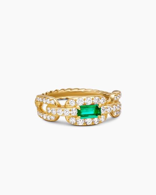 Womens Stax Chain Link Stone Ring in 18K Yellow Gold with Diamonds and Emerald, 7mm