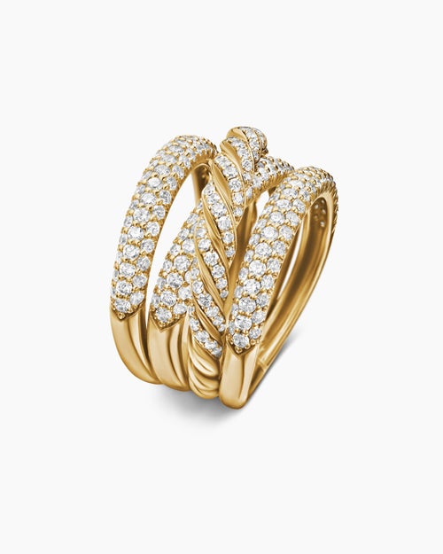 Womens Sculpted Cable Four Row Ring in 18K Yellow Gold with Diamonds, 15mm