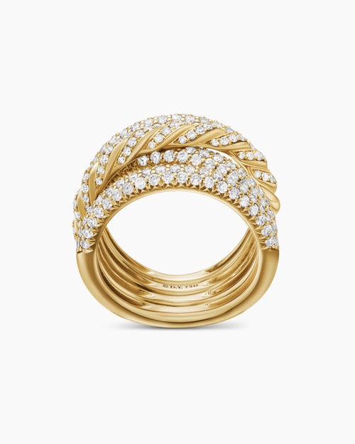 Womens Sculpted Cable Four Row Ring in 18K Yellow Gold with Diamonds, 15mm