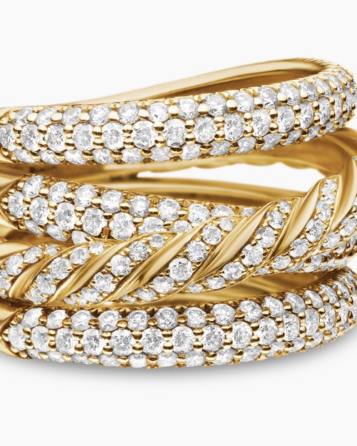 Womens Sculpted Cable Four Row Ring in 18K Yellow Gold with Diamonds, 15mm