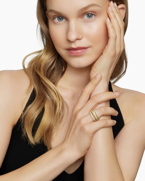 Womens Sculpted Cable Four Row Ring in 18K Yellow Gold with Diamonds, 15mm