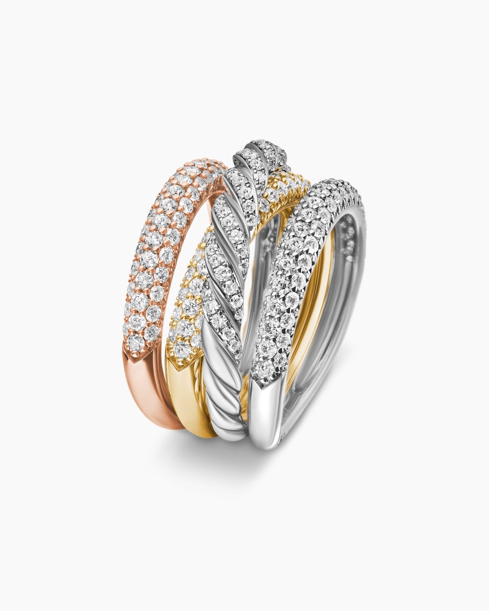 Womens Sculpted Cable Four Row Ring in 18K Gold with Diamonds, 15mm