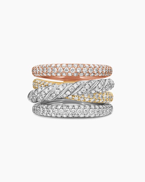 Womens Sculpted Cable Four Row Ring in 18K Gold with Diamonds, 15mm